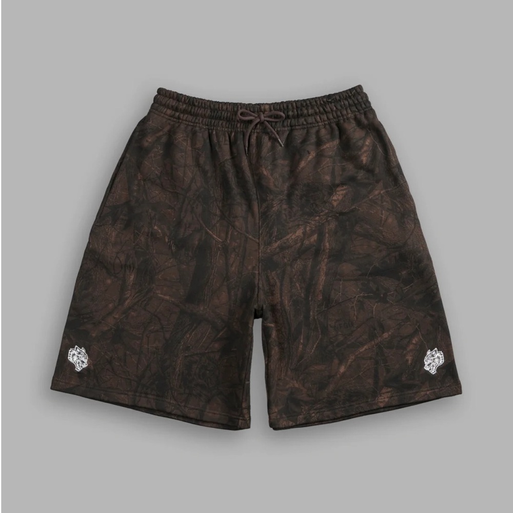 XL Darc Sport Dual Oversized Osiris Sweat Shorts in Brown Driftwood Forest Camo